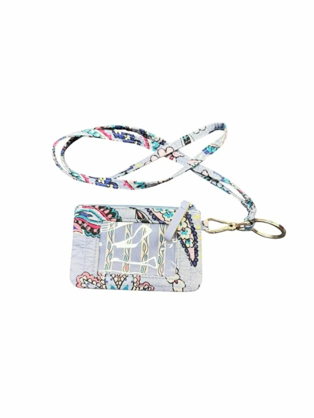 Vera Bradley Quilted Zip ID Card Holder Wallet Lanyard Light Blue Floral